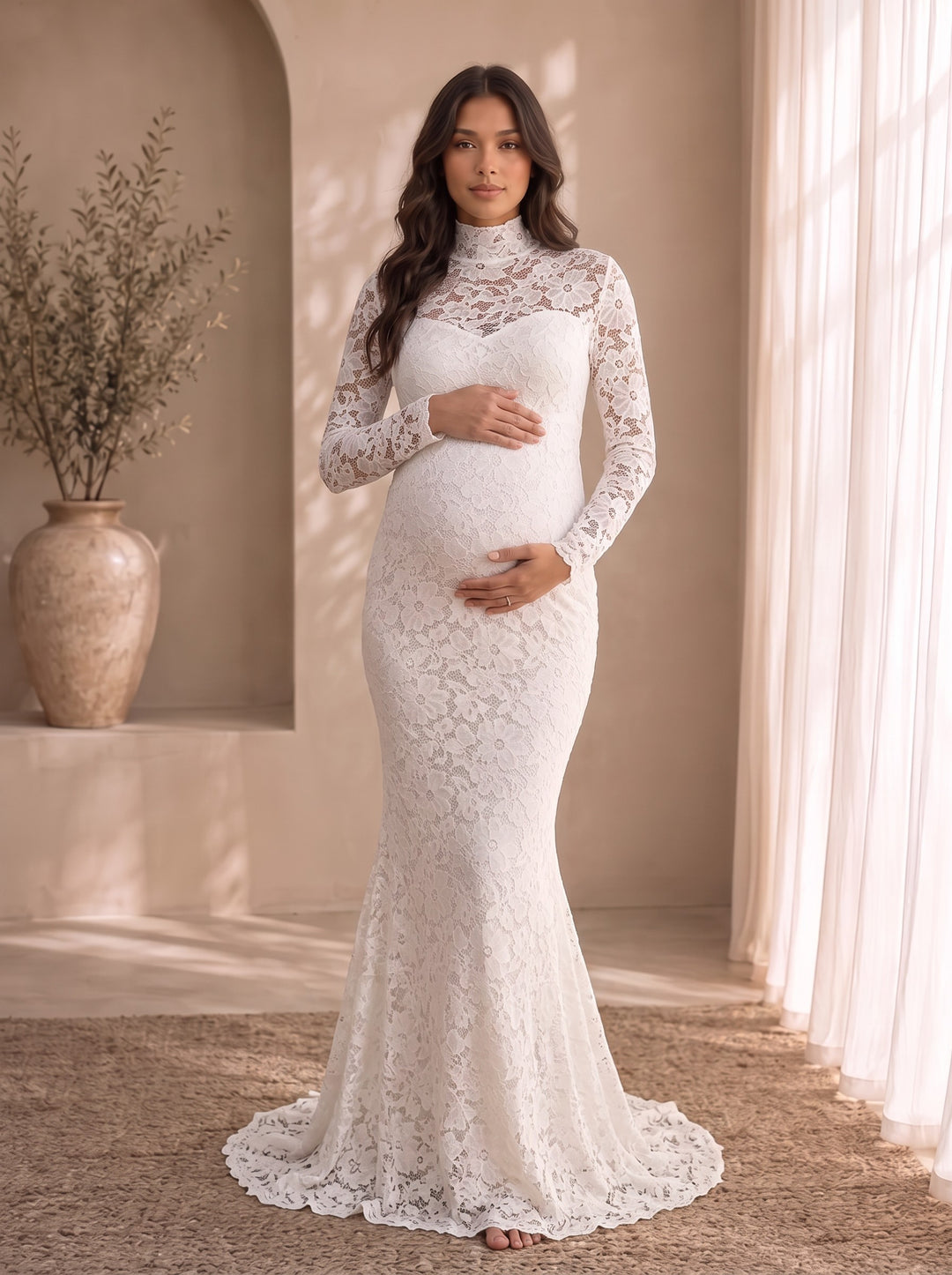 Colette white lace maternity maxi dress with mock neck, sheer lace yoke and long lace sleeves, front view