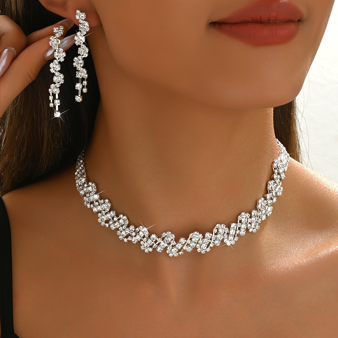 Aethelgard | Zig-Zag Rhinestone Necklace &amp; Drop Earrings Set