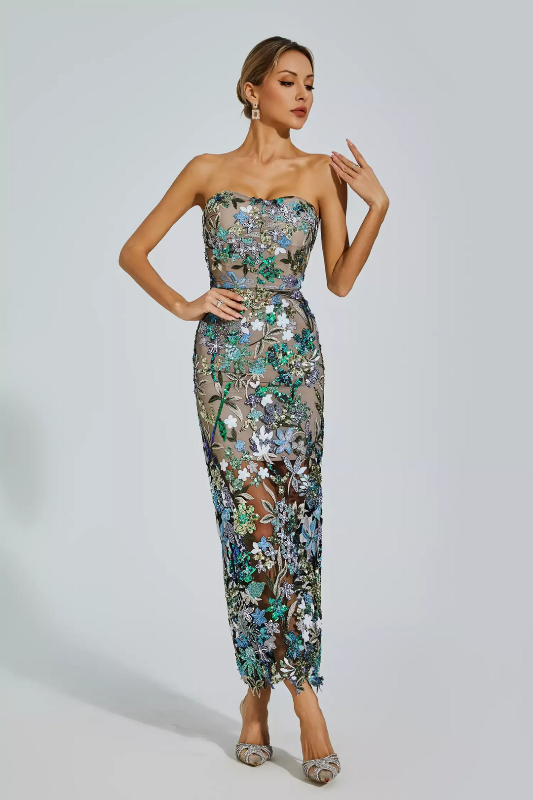 Leanna | Blue Flower Embroidered Maxi Dress