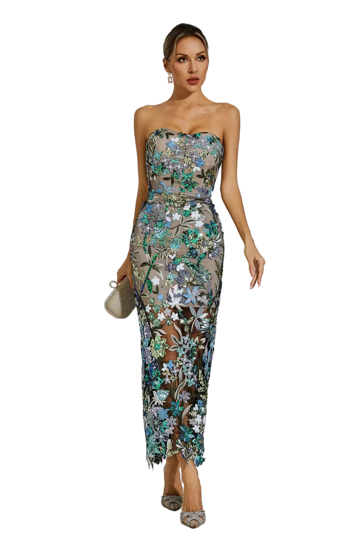 Leanna | Blue Flower Embroidered Maxi Dress