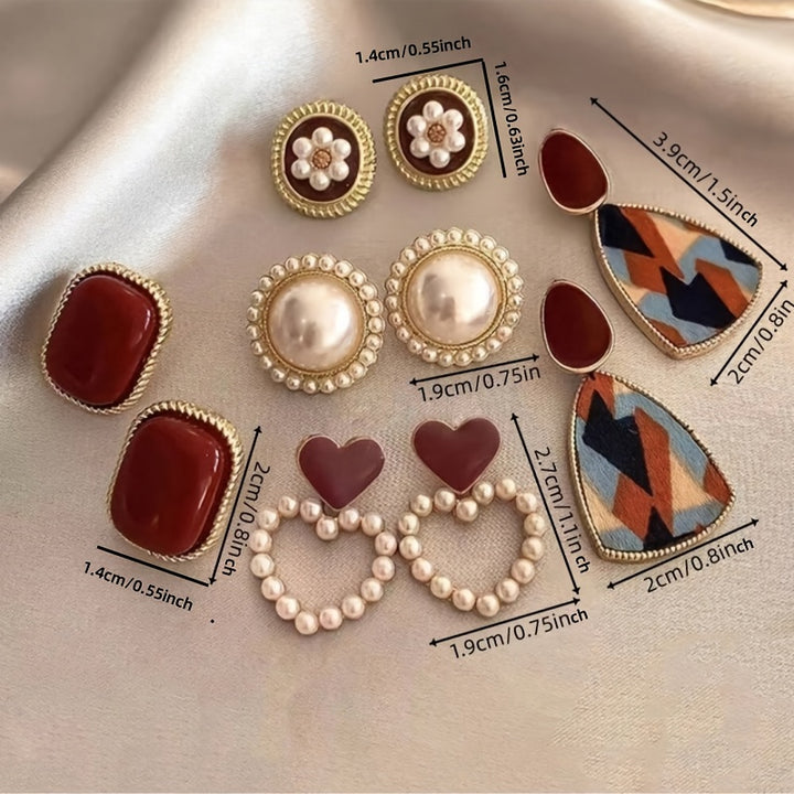 Leonora | Vintage Wine Red &amp; Faux Pearl Stud Earrings Set