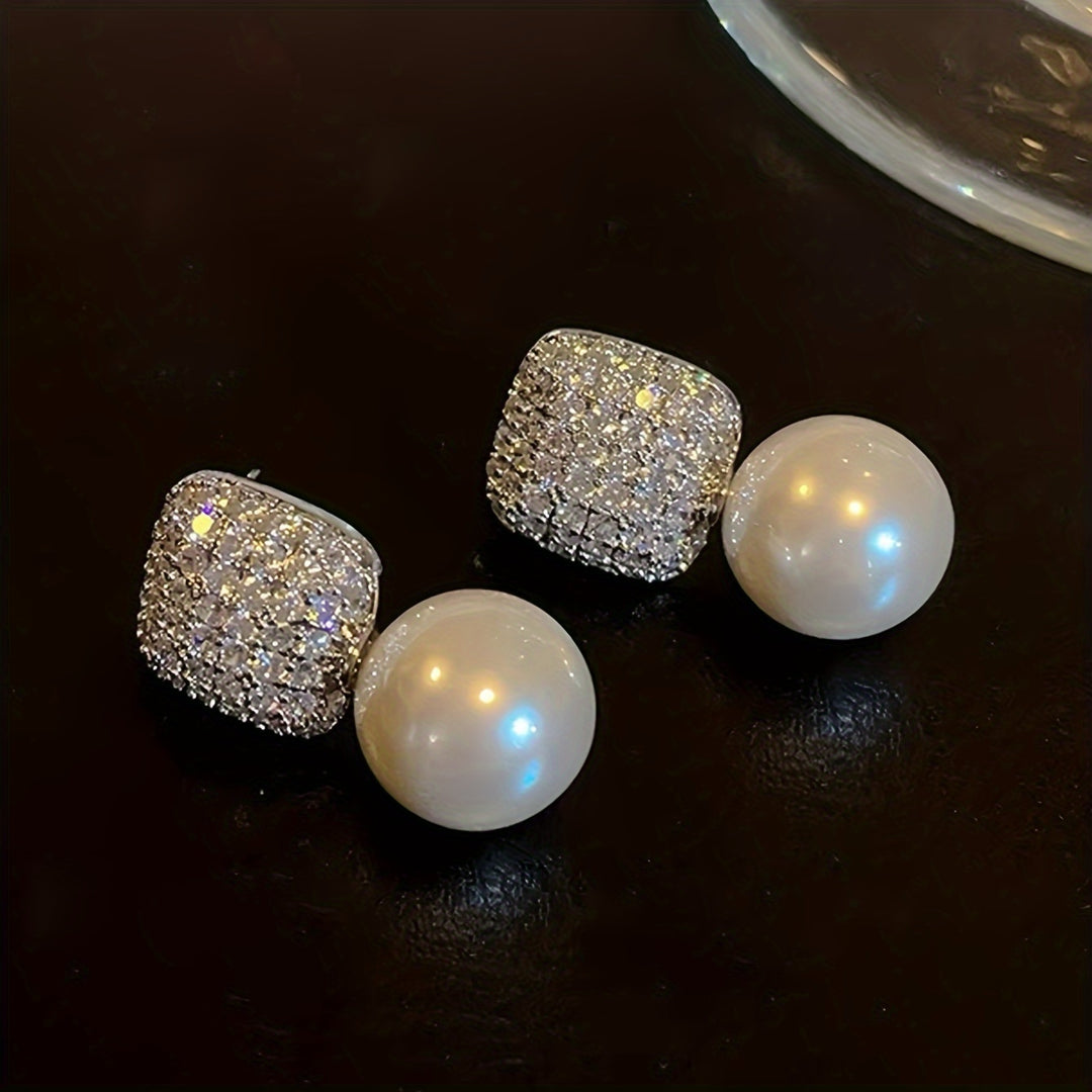 Juliet | Vintage Pavé Square &amp; Faux Pearl Drop Earrings