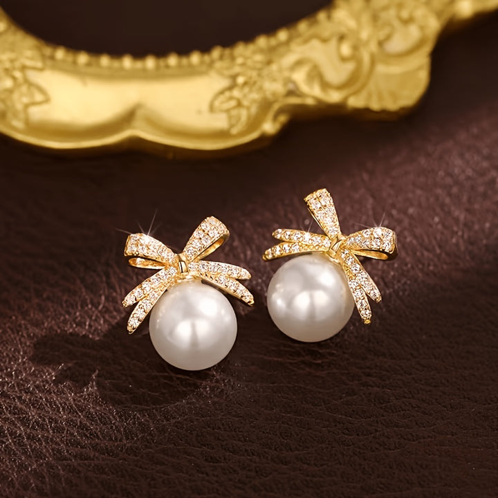 Eloise | Vintage Pavé Bow &amp; Faux Pearl Stud Earrings