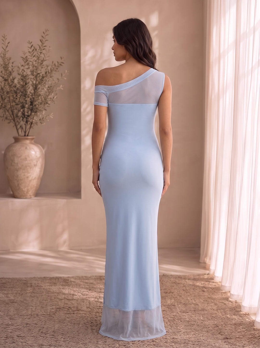 Estelle embroidered mesh maternity maxi dress, back view with sheer mesh panel and off-shoulder cap sleeve