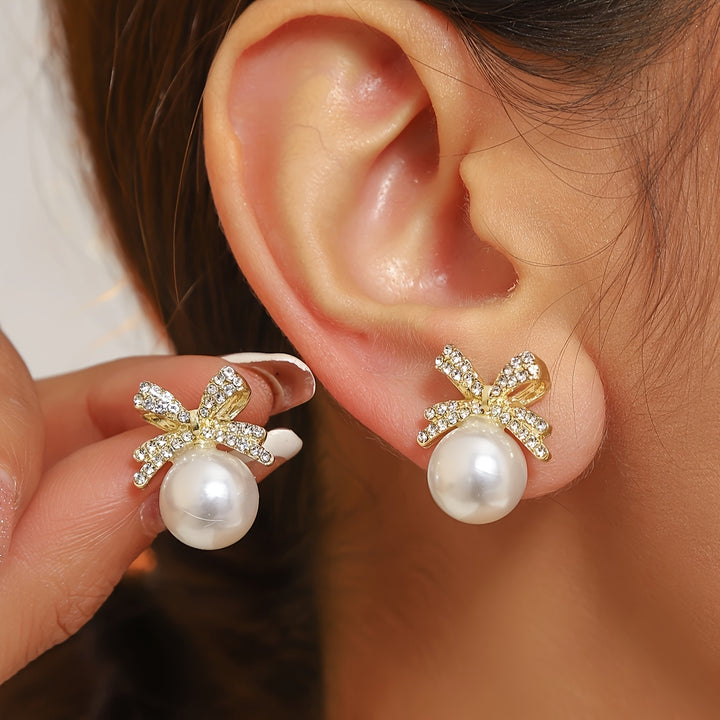 Eloise | Vintage Pavé Bow &amp; Faux Pearl Stud Earrings