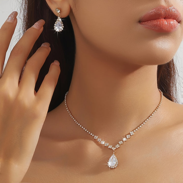 Elowena | Teardrop Rhinestone Pendant Necklace &amp; Earrings Set