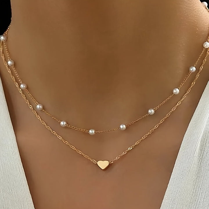 Amorette | Faux Pearl Station &amp; Heart Layered Necklace
