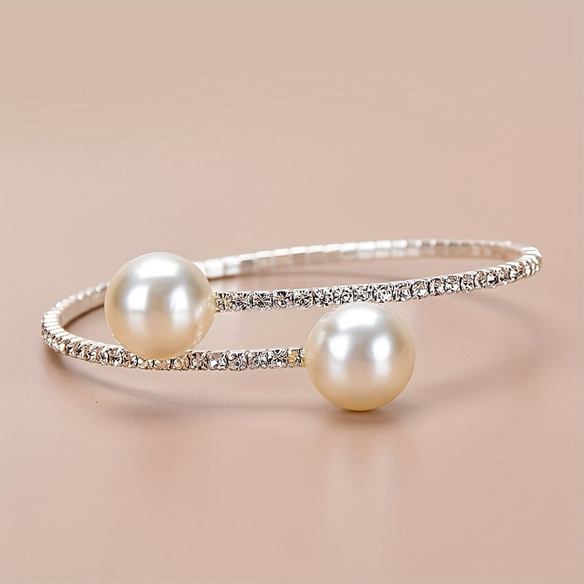 Isolde | Contemporary Pavé Bypass Faux Pearl Bangle