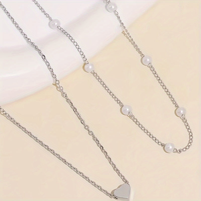 Amorette | Faux Pearl Station &amp; Heart Layered Necklace