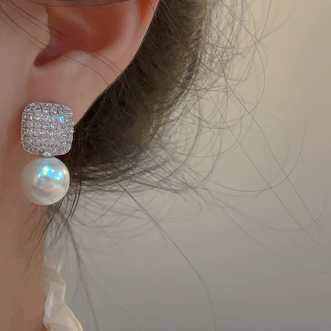 Juliet | Vintage Pavé Square &amp; Faux Pearl Drop Earrings