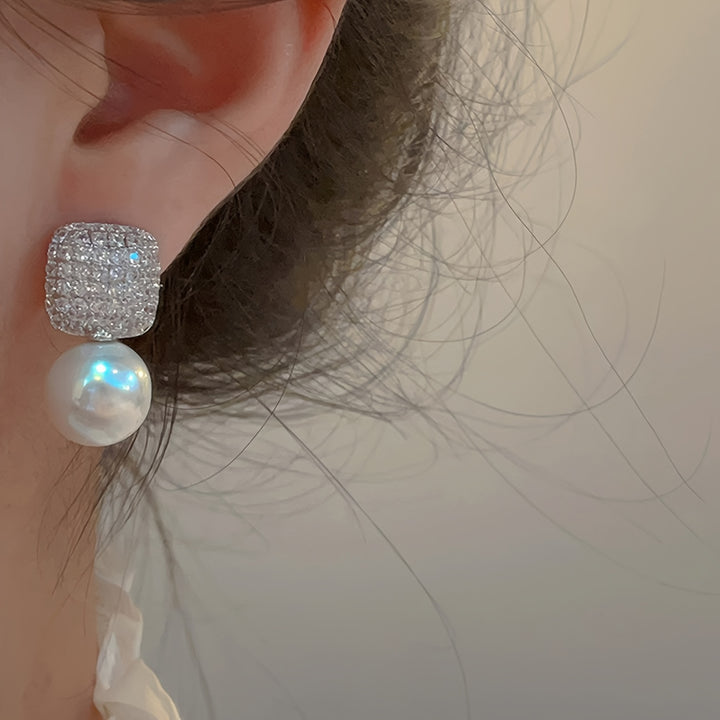 Juliet | Vintage Pavé Square &amp; Faux Pearl Drop Earrings