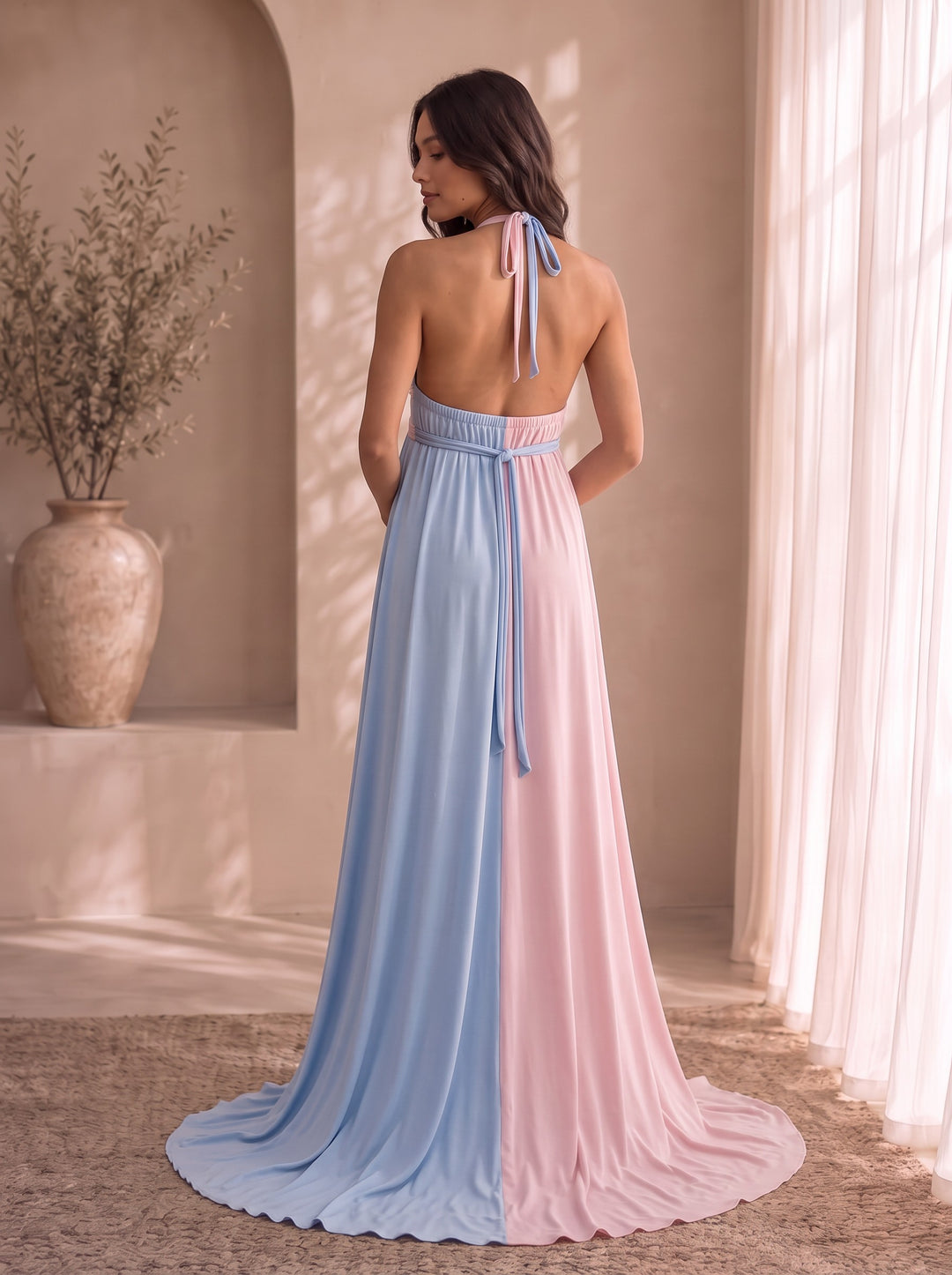 Freya split tone maternity maxi dress, back view with open halter back, tie waist and long train