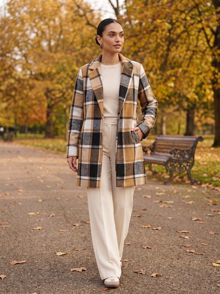 Harlow – Camel Plaid, outdoor park, walking