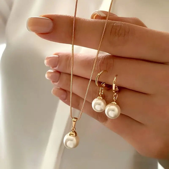 Leofwyn | Gold Pearl Drop Jewelry Set in first_variant_option1 | Elegant Women&