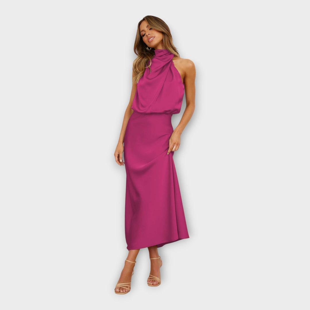 Long Satin Dress with High Neck and Open Back in first_variant_option1 | Elegant Women&