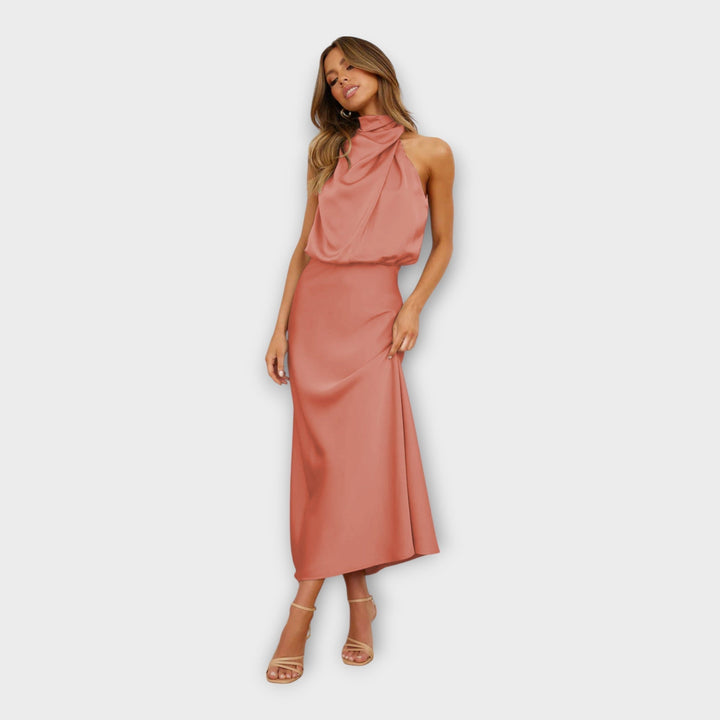 Long Satin Dress with High Neck and Open Back in first_variant_option1 | Elegant Women&