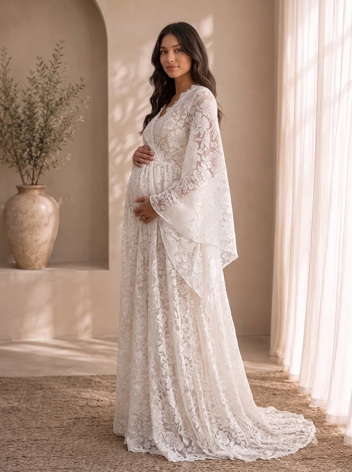 Mariposa lace maternity gown, three-quarter view with bell sleeves and sweep train