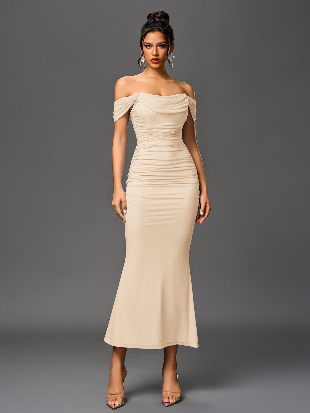 Mila | Off Shoulder Ruched Bodycon Dress in first_variant_option1 | Elegant Women&