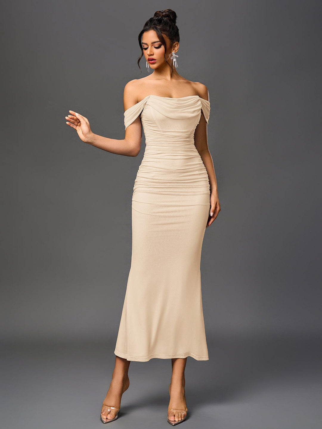 Mila | Off Shoulder Ruched Bodycon Dress in first_variant_option1 | Elegant Women&