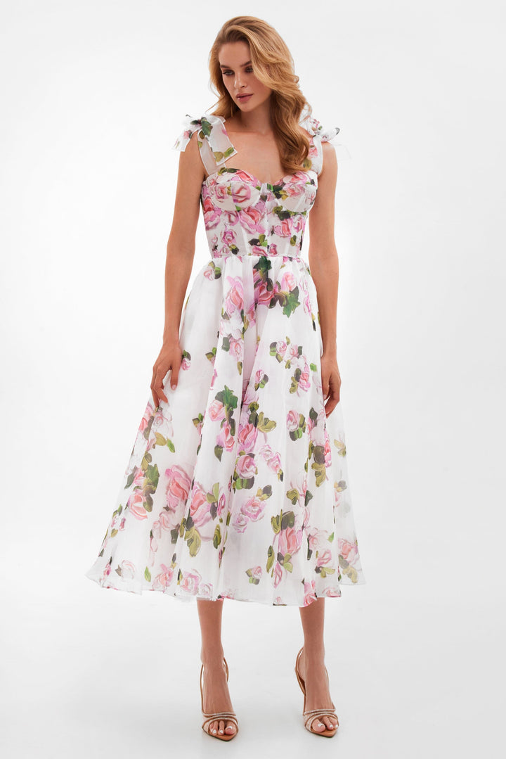 Gemma | Floral Tie-Strap Corset Midi Dress