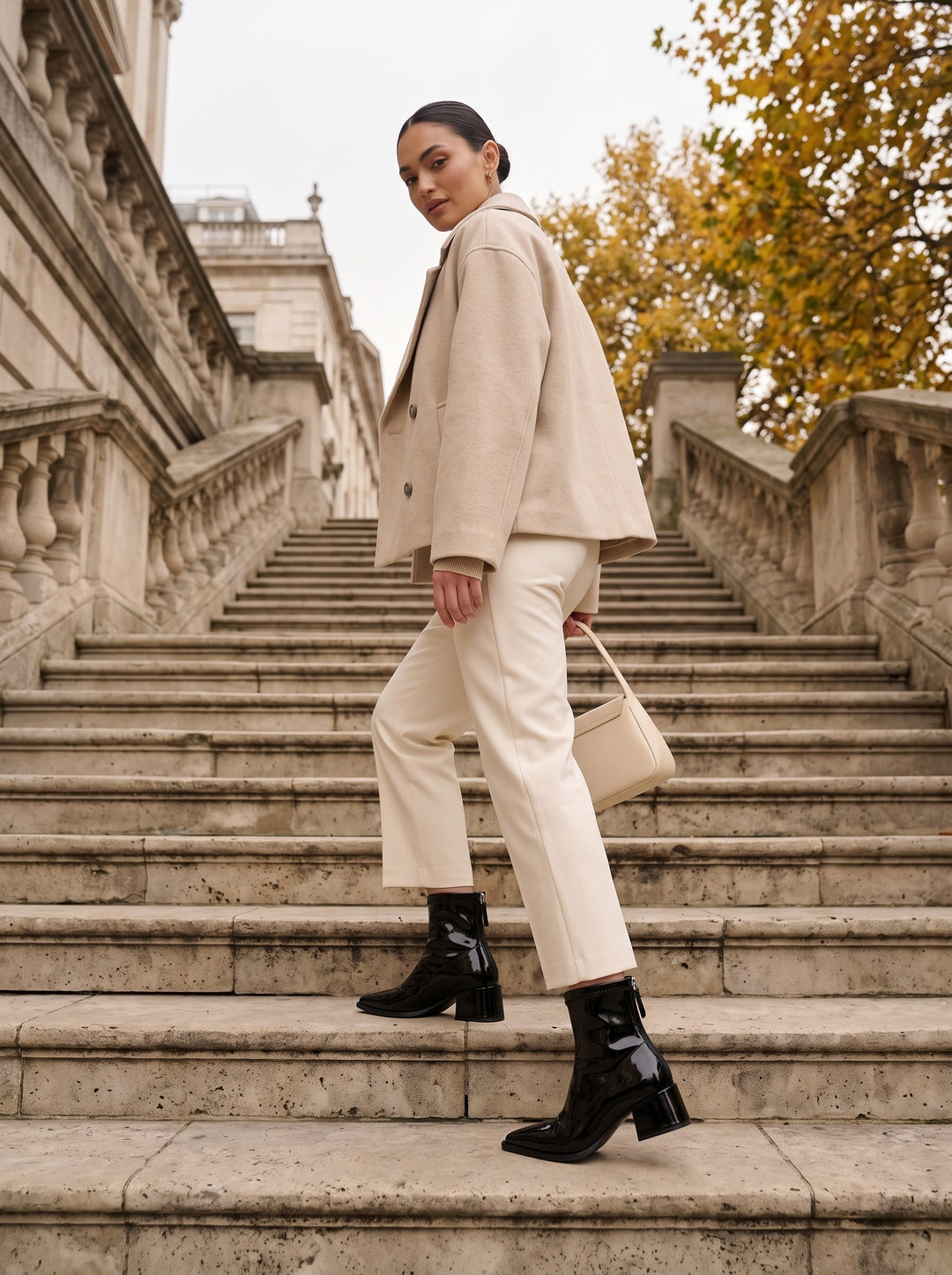 Monroe – Black, walking up stone stairs, low angle