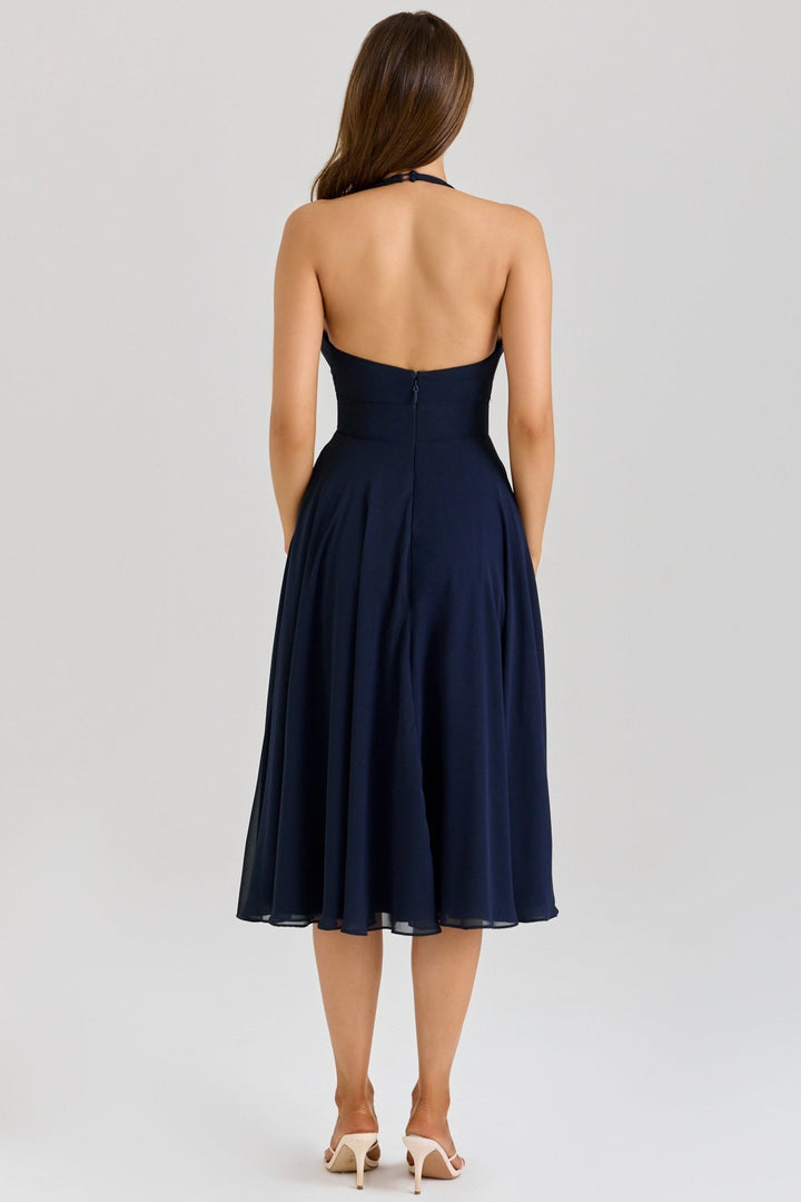 Rozaliya | Navy Georgette Halter Midi Dress in first_variant_option1 | Elegant Women&