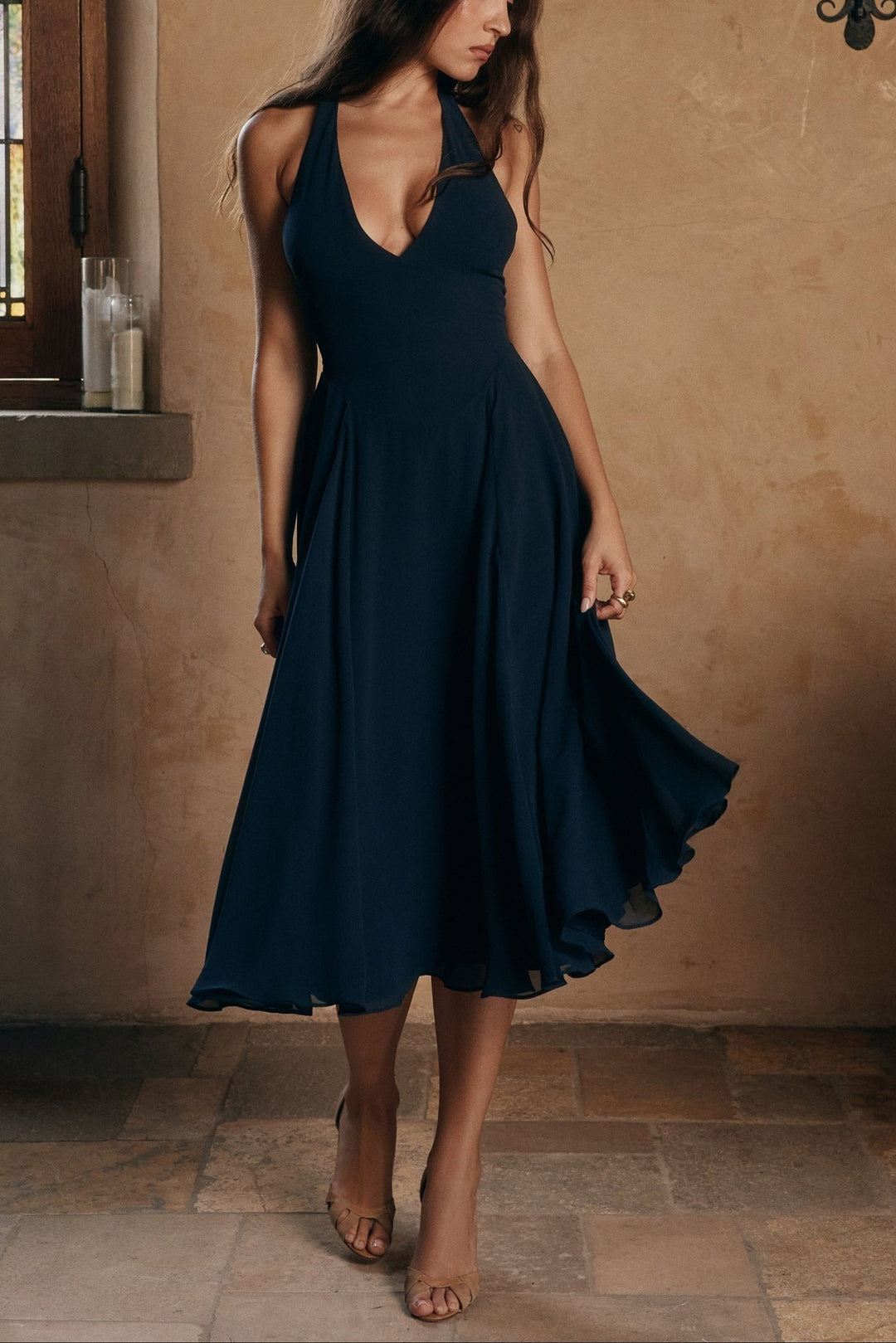 Rozaliya | Navy Georgette Halter Midi Dress in first_variant_option1 | Elegant Women&