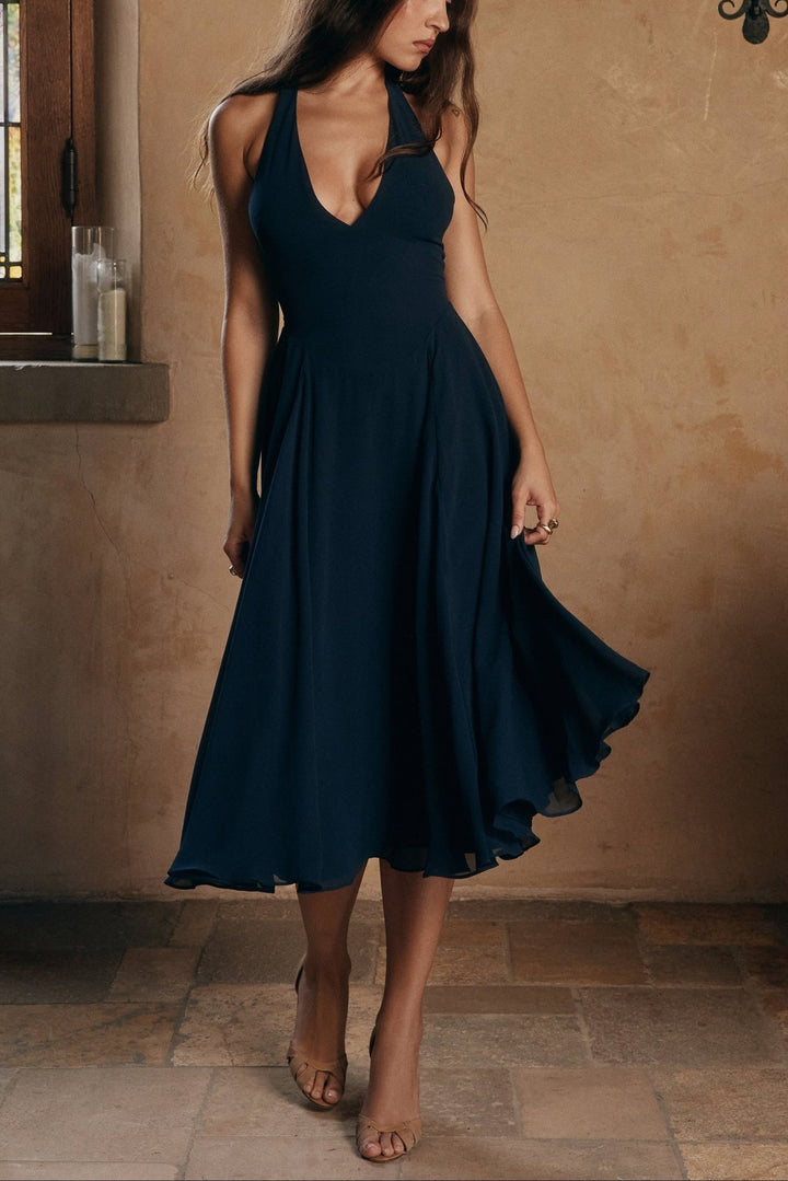 Rozaliya | Navy Georgette Halter Midi Dress in first_variant_option1 | Elegant Women&