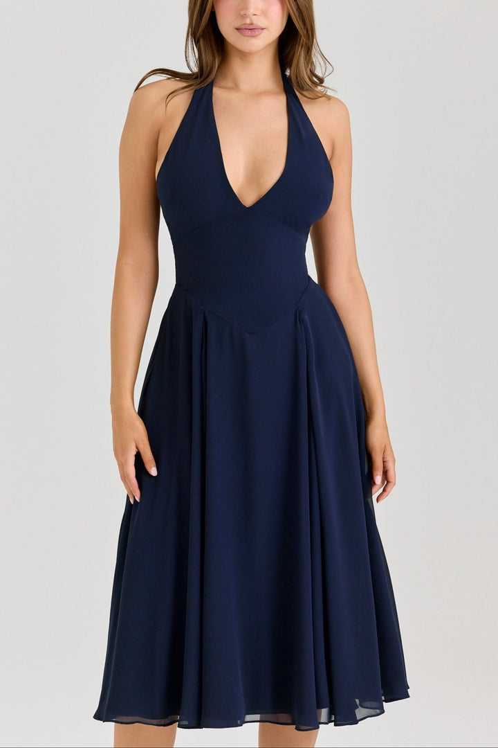 Rozaliya | Navy Georgette Halter Midi Dress in first_variant_option1 | Elegant Women&
