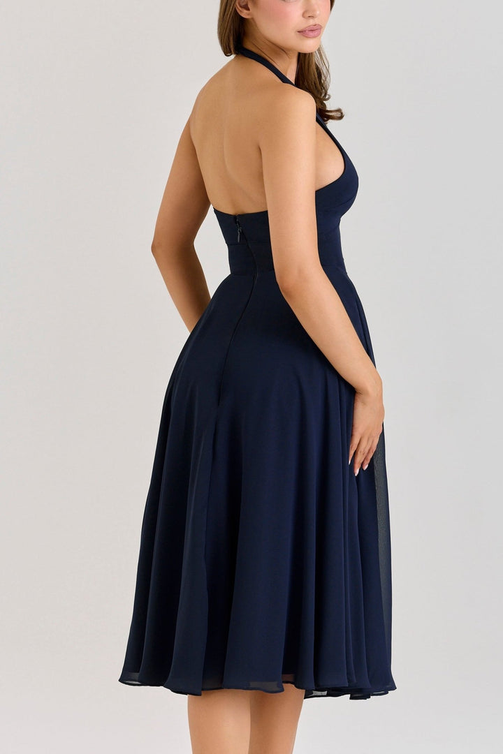 Rozaliya | Navy Georgette Halter Midi Dress in first_variant_option1 | Elegant Women&