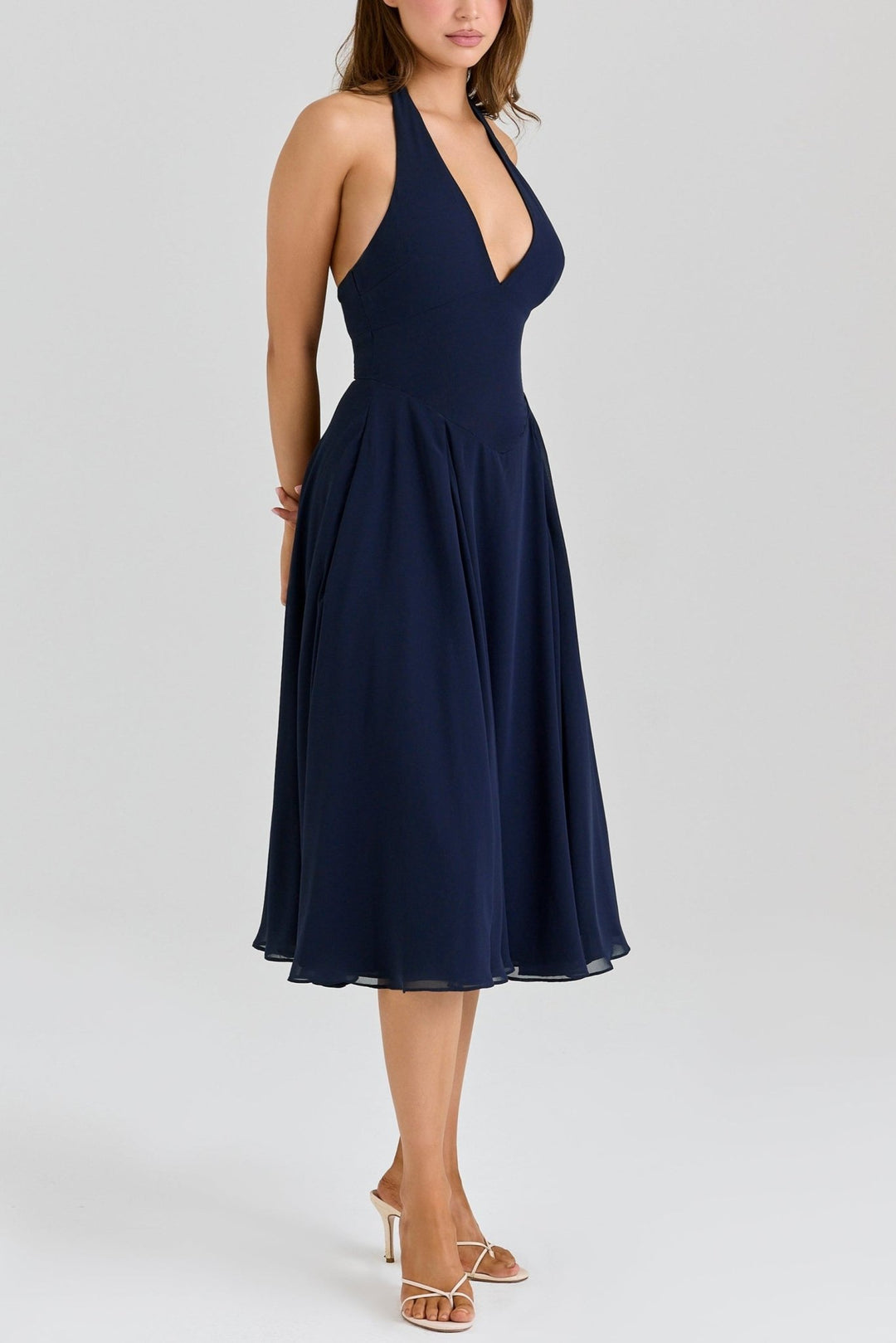 Rozaliya | Navy Georgette Halter Midi Dress in first_variant_option1 | Elegant Women&