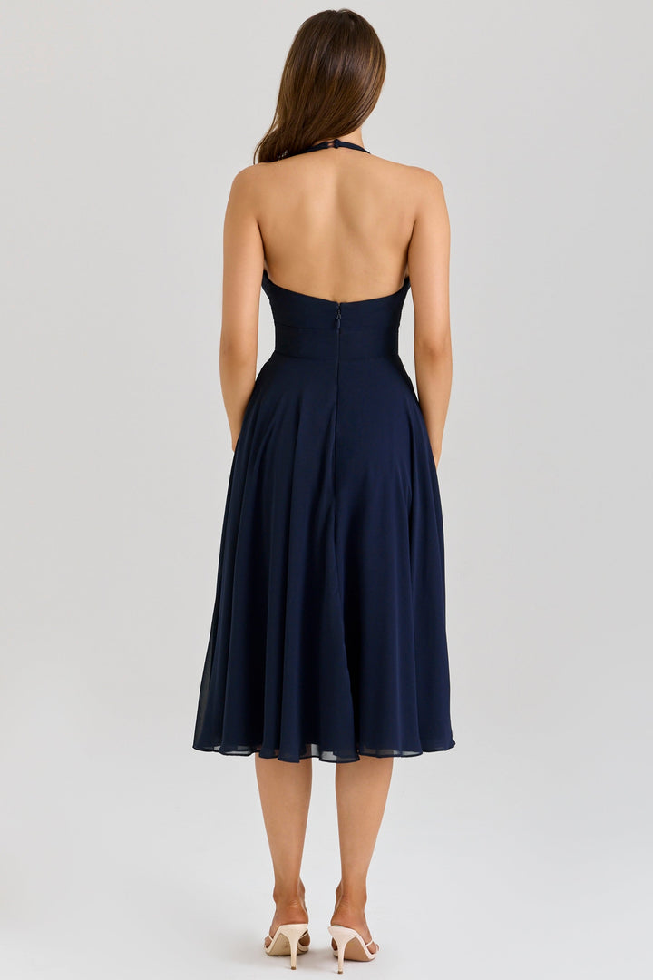 Rozaliya | Navy Georgette Halter Midi Dress