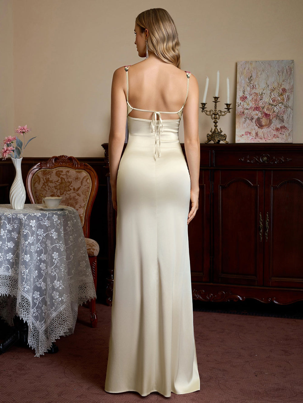 Vivienne | Embellished Strap Tie - Back Satin Bodycon Dress in first_variant_option1 | Elegant Women's Dress - Maeve The Label